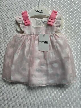 Mayoral Pink White Polka Dot Baby Dress with Ribbon Straps. Lined NWT